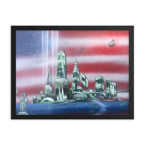 Patriotic NYC Skyline With Stars & Stripes Framed photo paper poster