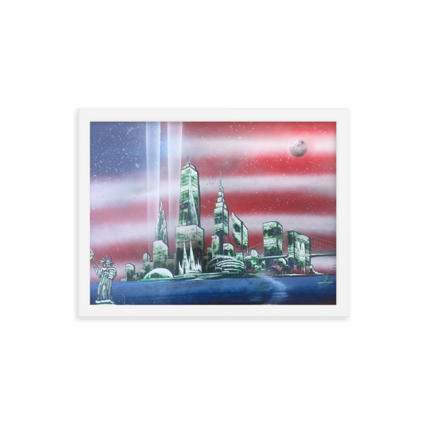 Patriotic NYC Skyline With Stars & Stripes Framed photo paper poster